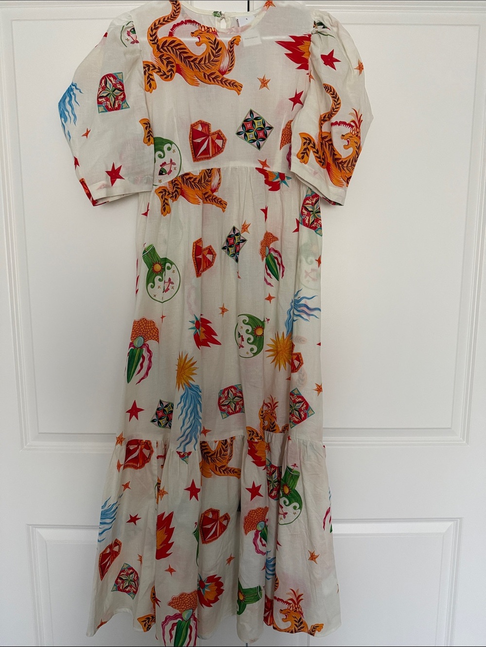 NWOT ETHNC Whimsical Printed Puff-Sleeve Midi Dress in Ivory